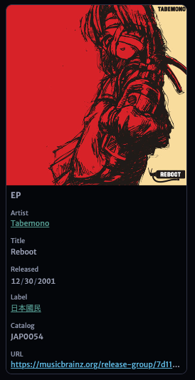 Screenshot of card view render of the info section for Tabemono – Reboot